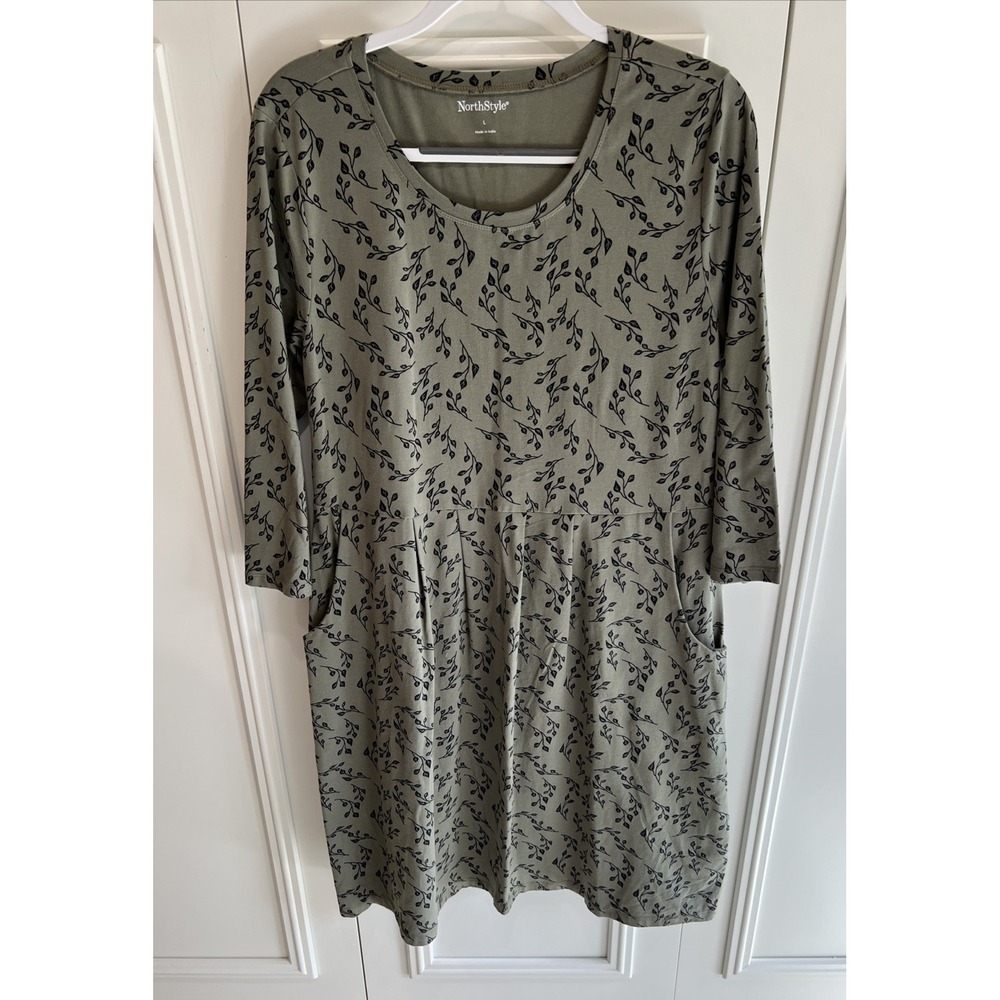 NorthStyle Vine Print Dress Army Green Pleated Pockets Comfy Casual Boho